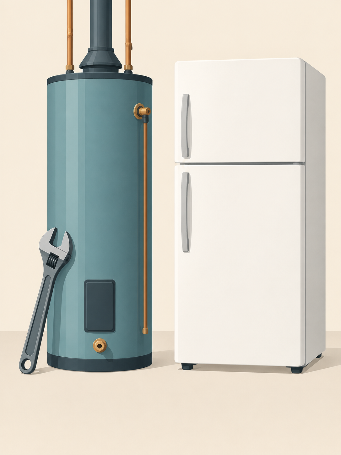 Illustration of a water heater and a refrigerator with a wrench